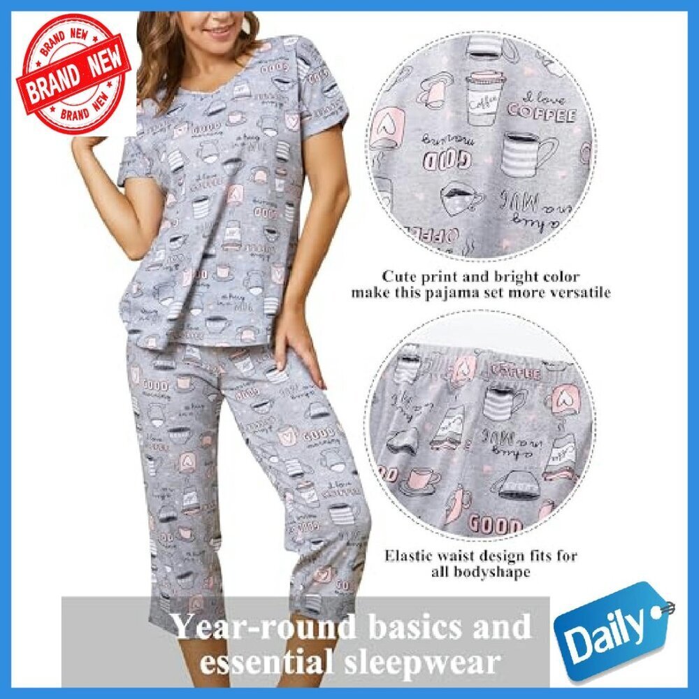 Cotton Pajama Set Short Sleeve Capri Pants Loungewear S-3XL - Picture 6 of 8